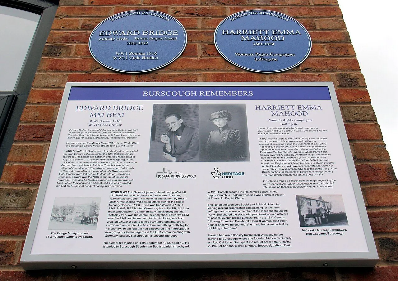 The blue plaque image shows the individual blue plaques and notice with images and text, created by Images of Burscough and the National Heritage Lottery Fund whose image can be seen in the notice: Ed